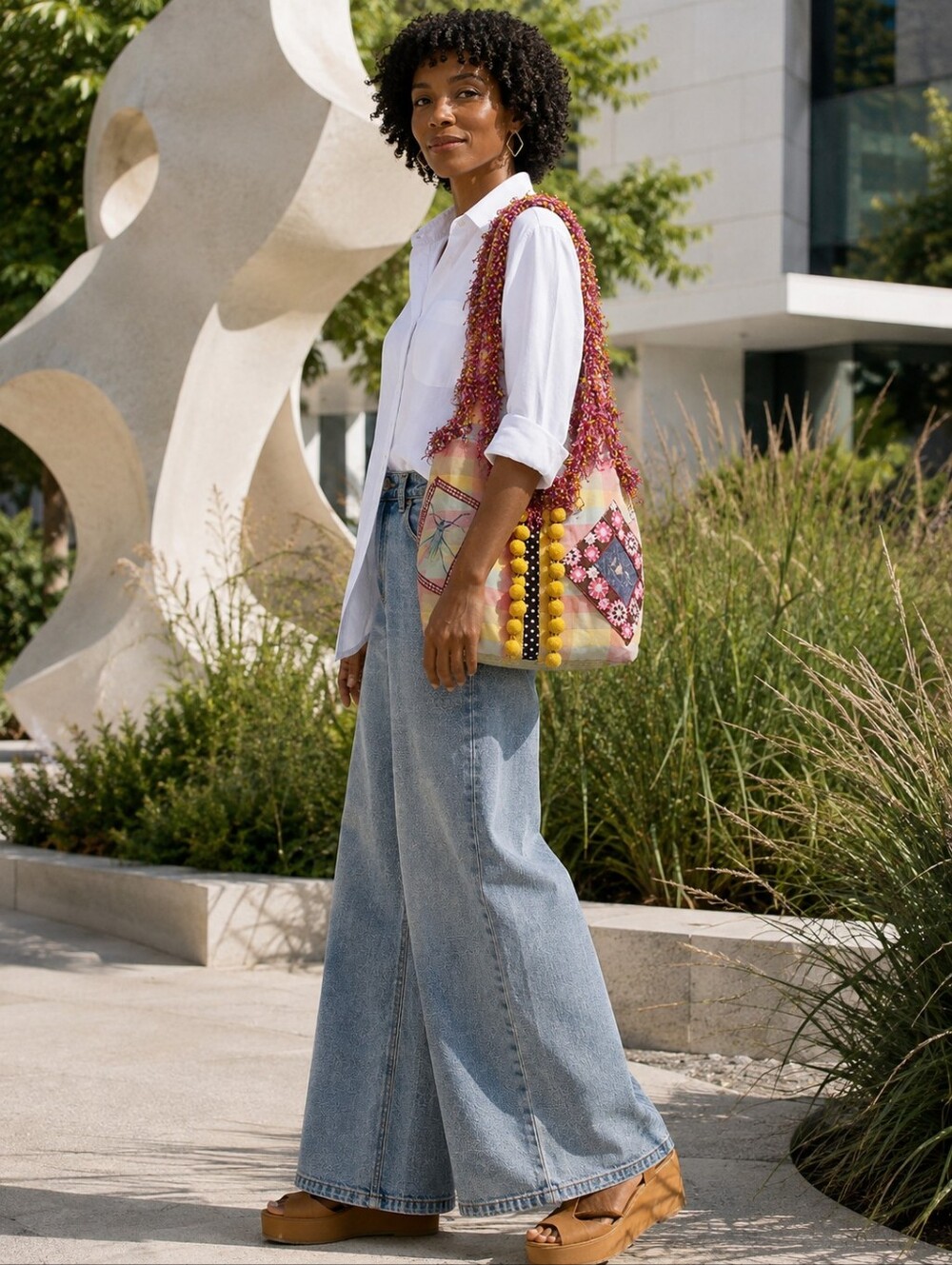 Handmade Art to Wear Patchwork Boho Tote Bag Fringe Pom Pom Appliqué